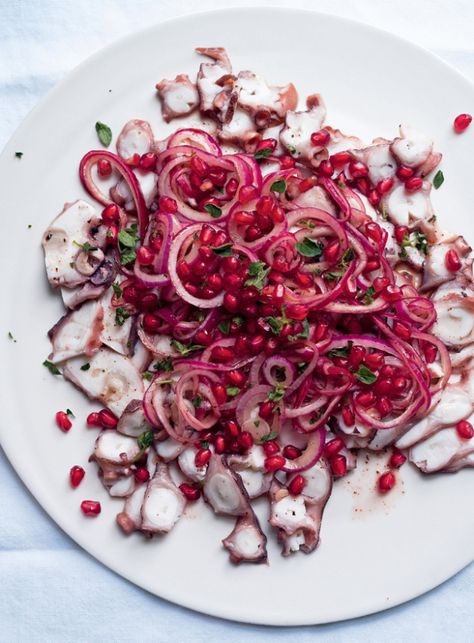 Sumac Octopus with Pomegranate | Recipe From Celebrity Chef Silvena Rowe | Kurdish Cuisine, Pomegranate Recipe, Octopus Recipes, Pomegranate Recipes, Seafood Salad, Celebrity Chef, Orient Express, Food Pairings, Arabic Food