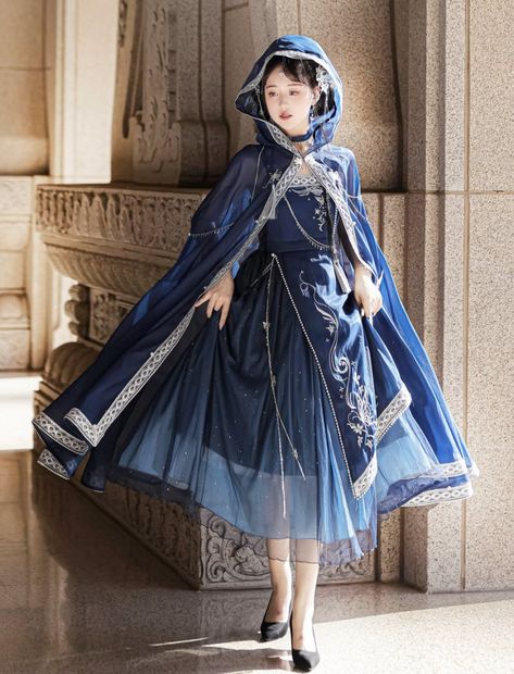 Dreaming of the Milky Way Qi Lolita Jumper Dress and Cape Set Womens Cosplay, Style Kawaii, Jumper Skirt, Hooded Cloak, Sling Dress, Vintage Embroidery, Kawaii Clothes, Dress Suits, Kawaii Fashion