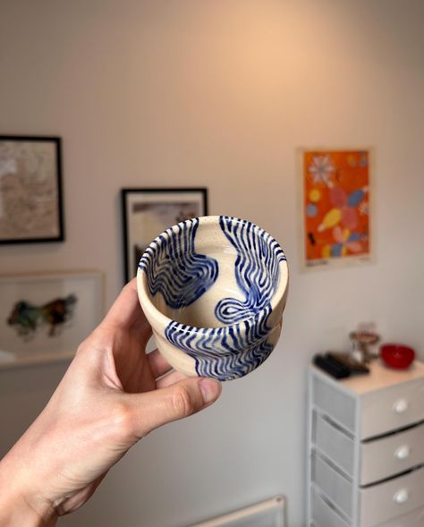 Cute ceramic wavy sake cup with blue underglaze river design. Underglaze Designs, Ceramic Underglaze, River Design, Sake Cup, Cup Ceramic, Ceramic Cup, Ceramic Cups, Handmade Ceramic, Handmade Ceramics