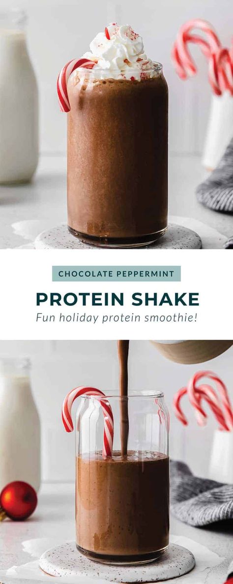 This festive chocolate peppermint protein shake is made with frozen banana, chocolate protein powder, and a little peppermint extract for a yummy holiday treat. Hot Chocolate Protein Shake, Chocolate Protein Powder Smoothie, Frozen Banana Chocolate, Peppermint Protein Shake, Hot Chocolate Protein, Mocha Protein Shake, Peppermint Shake, Christmas Smoothies, Protein Powder Smoothie