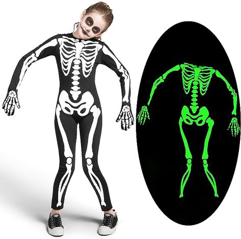 Kids Skeleton Costume, Boys Skeleton Costume, Jumpsuit With Gloves, Skeleton Costume Kids, Scary Kids Costumes, Glow In The Dark Skeleton, Girls Halloween Dress, Dark Skeleton, Scary Kids