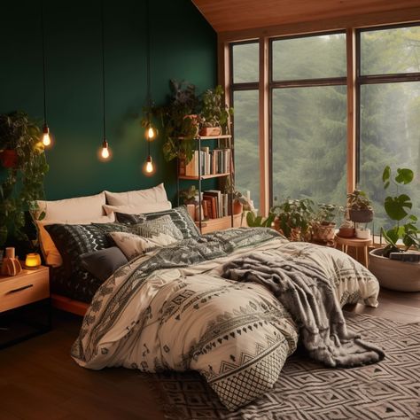 Bohemian Designed bedroom with black and white bedspread Bohemian Bedroom Decor Green, Green Bedroom Styling, Naturalistic Bedroom Ideas, Black White Green Brown Bedroom, Black Orange Green Bedroom, Light Brown And Green Bedroom, Dark Green Bedding Bedroom Designs, Dark Green Modern Bedroom, Beige And Dark Green Bedroom