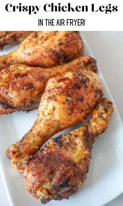 Air fryer chicken legs are flavorful drumsticks air fried to crispy, golden brown perfection. With 5 minutes of simple prep and just 20 minutes of cooking time, air fried chicken drumsticks are an easy dinner entree option any night of the week! #chickenlegs #chickenrecipe #airfryerrecipes #airfryerchicken Keto Chicken Legs Air Fryer, Fried Drumsticks Air Fryer, Air Fry Chicken Legs Bone In, Air Fryer Chicken Legs Bone In Crispy, Oven Fried Chicken Drumsticks, Fried Chicken Legs Recipe, Air Fried Chicken Drumsticks, Oven Fried Chicken Thighs, Fried Drumsticks