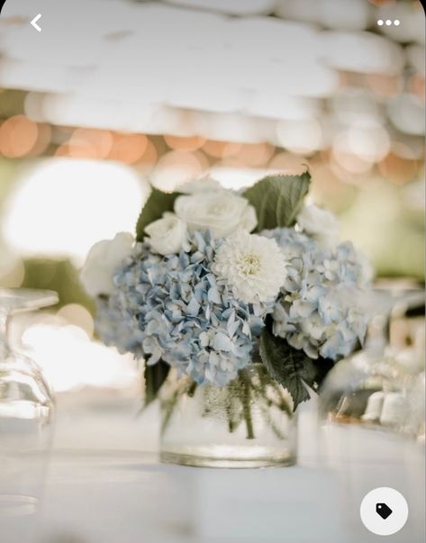 Dusty Blue Centerpieces, Blue Hydrangea Wedding, Blue Centerpieces, Bridal Shower Inspo, Hydrangea Centerpiece, Blue And White Flowers, Something Blue Bridal, Blue Bridal Shower, Hydrangeas Wedding