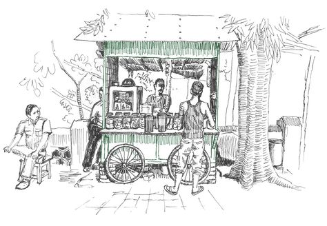 Road Side Tea Stall Drawing, Tea Stall Sketch, Tea Stall Drawing Composition, Tea Stall Drawing, Stall Drawing, Chai Stall, Tea Stall, Figure Sketches, Composition Drawing