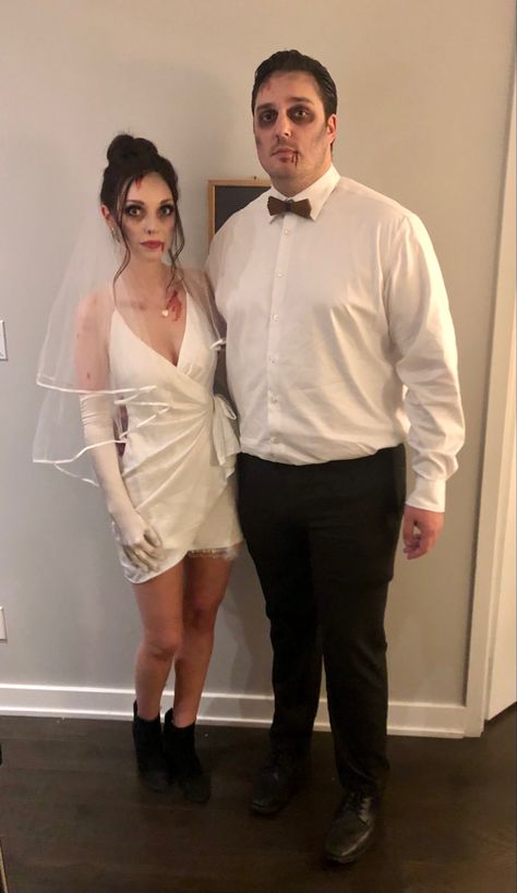 Zombie Dead Bride and Groom Costume Bridezilla Costume Halloween, Bride Groom Halloween Costume, Dead Bride Makeup Halloween, Bride And Groom Costume Halloween, Bridezilla Costume, Halloween Zombie Makeup Men, Dead Bride And Groom Costume, Dead Bride And Groom Halloween, Zombie Bride And Groom Costume