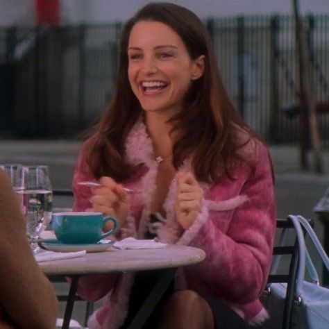 Charlotte York Aesthetic, Pink Fuzzy Jacket, Charlotte York, Paisley Skirt, Pink Sweater Dress, Kristin Davis, Taupe Sweater, Aesthetic 2024, Red Wedges