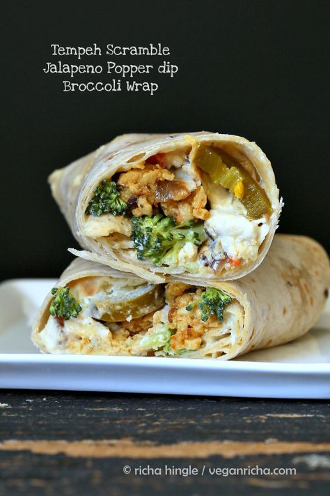 Vegan Richa: Tempeh Scramble, Jalapeno Popper Dip, Broccoli Wraps. Vegan Recipe Tempeh Scramble, Wraps Vegan, Vegan Lunch Box, Jalapeno Popper Dip, Popper Dip, Lunch Box Bento, Tempeh Recipes, Vegan Richa, Vegan Wraps