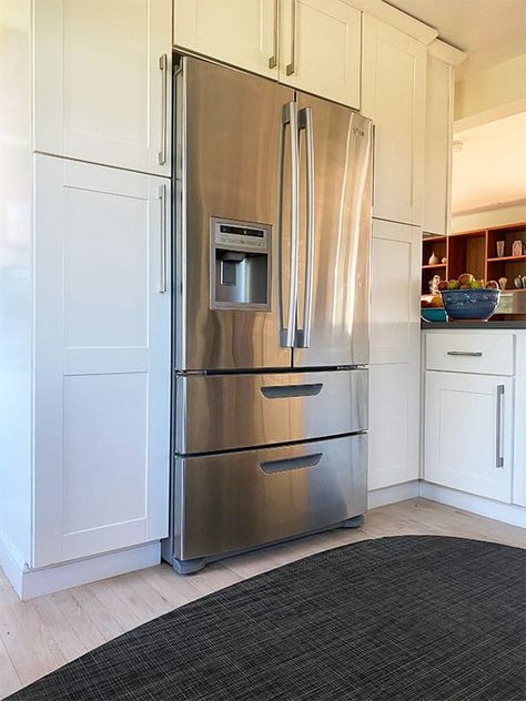 Cabinet By Refrigerator, Inside Refrigerator Ideas, Cabinet Built Around Refrigerator, Big Refrigerator Kitchen, Non Counter Depth Refrigerator, Cabinet Refrigerator Built Ins, Refrigerator On Wall By Itself, Cabinets Beside Fridge, Kitchen Refrigerator Cabinet Ideas