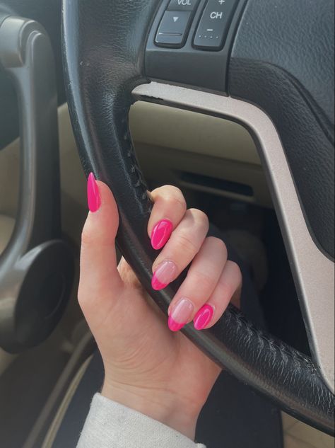 Hot Pink Hoco Nails Almond, Almond Shape Hot Pink Nails, Almond Shaped Nails Designs Summer Hot Pink, Hot Pink Nail Designs Almond Shape, Pink French Tip Nails Oval, Hot Pink Oval Nails, Hot Pink French Tip Nails Almond, Magenta French Tip Nails, Pink Almond French Nails