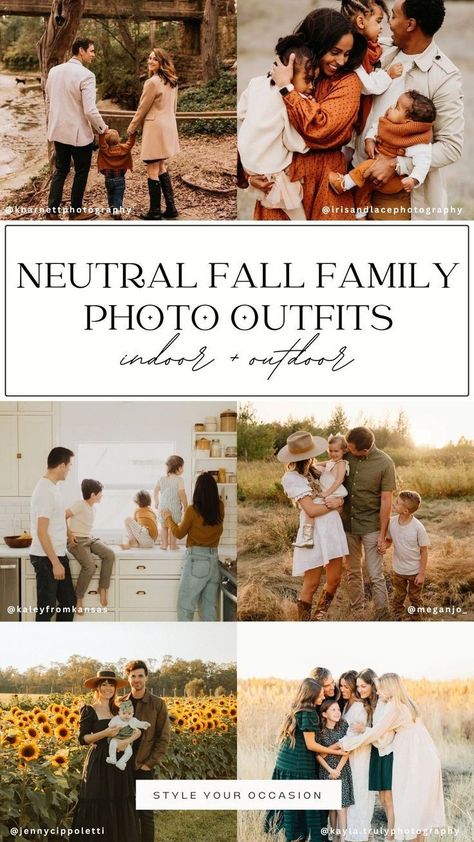 Looking for fall family photoshoot outfit ideas for 2024? Be inspired with these stylish, modern indoor & outdoor fall family photo outfits!#FallInspoFamilyPictures #DressyFamilyPhotoOutfits #FallPhotoShoot2032 Rustic Photoshoot Outfit Ideas, Women’s Fall Photo Outfit, September Family Pictures Outfits, Fall Family Photoshoot Outfits, Spring Family Photo Outfits, Neutral Family Photo Outfits, Family Photoshoot Outfit Ideas, Outdoor Family Photos Fall, Neutral Family Photos