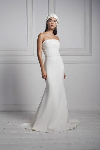 Strapless columnar gown of Spanish stretch crepe with arched pleated cuff at neckline Product Details ... Simple Sheath Wedding Dress, Anne Barge Wedding Dresses, Wedding Dresses Kleinfeld, Wedding Dress Elegant, Anne Barge, Crepe Wedding Dress, Kleinfeld Bridal, Sheath Wedding, Wedding Dress Pictures