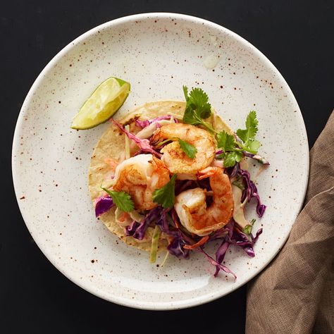 Shrimp taco tostadas | Healthy Recipes | WW Canada Weight Watchers Shrimp, Shrimp Tostadas, Shrimp Taco, How To Make Shrimp, Shredded Cabbage, Shrimp And Vegetables, Weight Watcher Dinners, Coleslaw Mix, How To Cook Shrimp