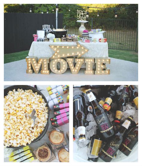 Outdoor Movie Night 30th birthday party via Kara's Party Ideas KarasPartyIdeas.com Party supplies, desserts, food, cake, desserts, tutorials, and more! #movieviewingparty #outdoormovieparty #thirtiethbirthday #movieparty #outdoorpartyideas #outdoorparty (2) Diy Fotokabine, Outdoor Movie Party, Backyard Movie Party, Movie Night For Kids, Outdoor Movie Night, Movie Night Birthday Party, Backyard Movie Nights, Backyard Movie, Movie Night Party