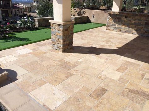 Tuscany Chateaux Travertine Patio, Travertine Floor Tile, Travertine Outdoor, Versailles Pattern, Travertine Pavers, Patio Pavers Design, Porch Tile, Travertine Floors, Natural Stone Pavers