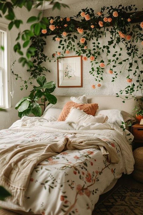 Minimalist Floral Bedroom, Modern Cottagecore Bedroom, Floral Bedroom Aesthetic, Cottage Core Interior, Modern Cottagecore, Cottagecore Bedroom, Nature Room, Floral Bedroom, Cottage Living