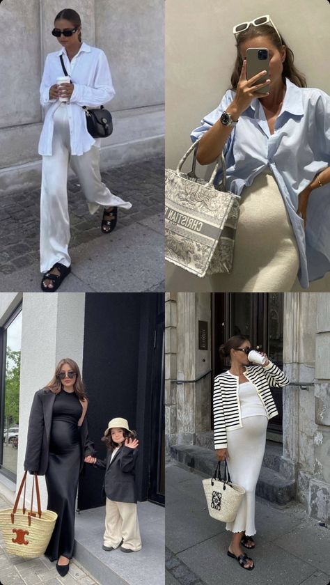 Pregnant In Style, Maternity Old Money, Pregnant Outfits Elegant, Elegant Outfit Pregnant, Sofia Richie Maternity Style, Pregnant Office Attire, Pragnet Mom Outfit, Late Summer Maternity Outfits, Maternity Shower Outfit