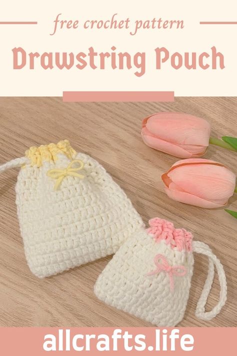 Crochet Drawstring Pouch Free Crochet Patterns For Small Pouches, Crochet Mini Drawstring Pouch Free Pattern, How To Crochet Drawstring Bag, Crochet Small Drawstring Pouch, Easy Crochet Drawstring Bag, Small Crochet Drawstring Bag, Crystal Pouch Crochet, Small Crochet Pouch Pattern, Crochet Mini Drawstring Bag