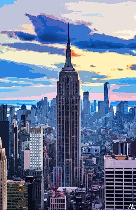 Empire State Building Painting, Pop Art Ideas, Nyc Drawing, Art Ideas Easy, New York Drawing, New York Illustration, Nyc Landmarks, Skyline Artwork, Street Art Love