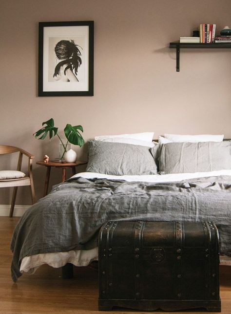 The mauve-meets-tan tone on Lucie and Philip's bedroom walls gives the room a depth that white paint couldn't. Try Benjamin Moore 1241 Morristown Cream Colour Wall, Tan Walls, Neutral Room, Bedroom Wall Paint, Pink Bedrooms, Rustic Bedding, Bedroom Paint Colors, Trendy Bedroom, Gray Bedroom