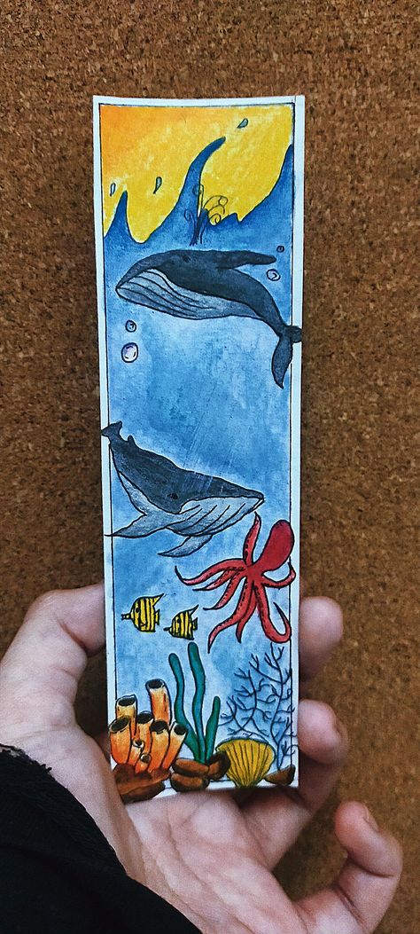 WHALE BOOK MARK PAINTING ART Book Mark Painting, Whale Bookmark, Under The Sea Drawings, Sea Drawing, Letter Ideas, Earth Art, School Project, Save Earth, Board Books