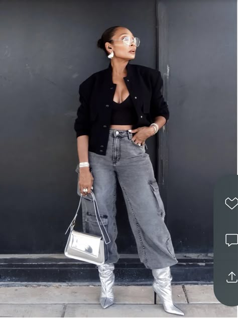 Fall Edgy Outfits Street Style, Denim Dress Outfit Ideas Black Women, Silver Boots Outfit Night, Silver Boots Outfit Street Style, Faux Leather Top Outfit, Silver Boots Outfit Black Women, Salina Sincerely, 50 Degree Weather Outfit Fall, Rnb Concert Outfit