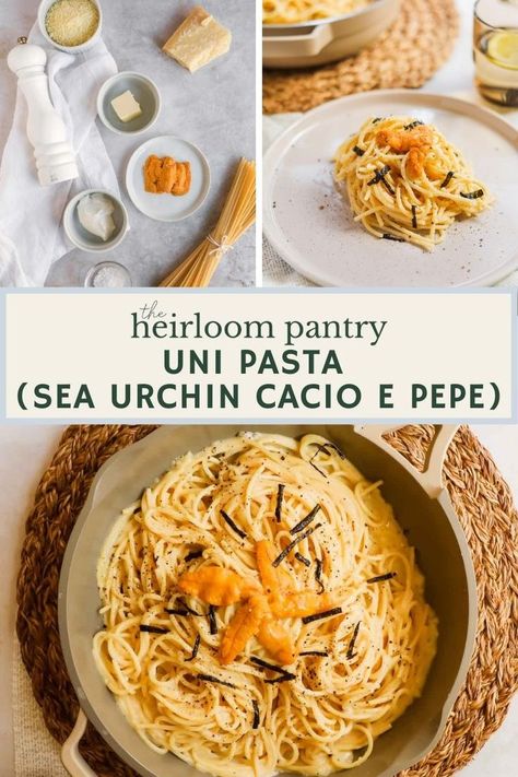 Uni pasta in a non-stick pan, featuring buttery sea urchin, creamy pasta, and strips of nori. Cheesy Noodles, Creamy Noodles, Date Night At Home, Seafood Pasta Recipes, Nori Seaweed, Italian Pasta Dishes, Night At Home, Western Food, Seafood Pasta