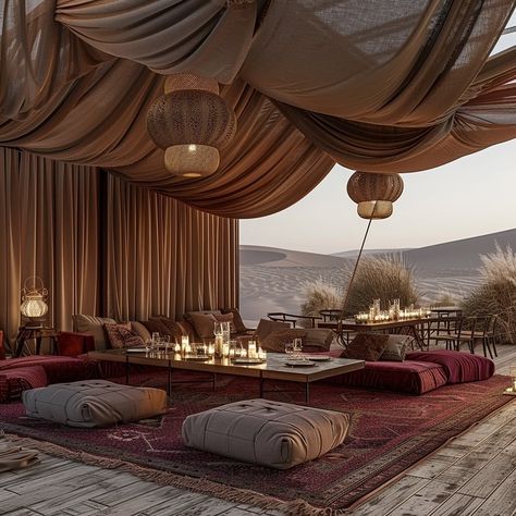 Arabic Decoration Arabian Decor, Arabic Tent, Interior Design Penthouse, Desert Interior Design, Ramadan Aesthetic, Modern Arabic Interior, Arabic Interior Design, Arabian Decor, Arabic Majlis