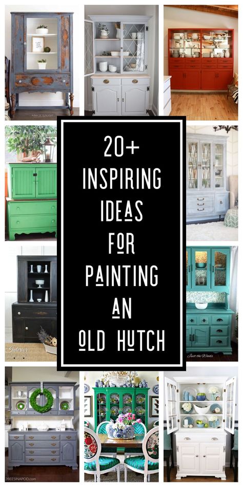 If you need inspiration and Ideas for painting an old hutch you’ve found the right place! I’ve collected for you dozens of old hutch makeover ideas to inspire you. A china cabinet makeover is a great way to modernize a vintage or antique piece and make it custom and beautiful to fit your personality and your home. So how do you modernize an old hutch? You start with unique ideas with style. #DIY #HutchMakeover #PaintedFurniture Refinished China Cabinet Farmhouse, Vintage Hoosier Cabinet Makeover, China Cabinet Makeover Coffee Bar, Painted Hutches Before And After, Tv Cabinet Makeover Ideas, Decorate Hutch Ideas, Hutch Turned Into Kitchen Cabinets, Refinishing China Cabinets, Buffet And Hutch Makeover