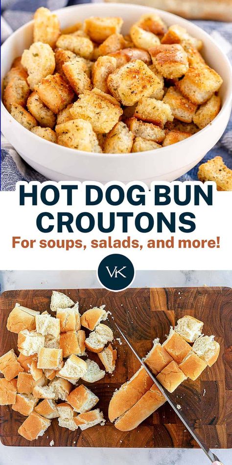 Make use of leftover hot dog buns to make these light and crispy Hot Dog Bun Croutons. They take just minutes to make and are great for topping soups, salads, and more! Extra Hot Dog Buns, Leftover Hot Dog Buns, Hot Dog Buns Recipe, How To Make Croutons, Hot Dog Bun, Hot Dog Rolls, Crouton Recipes, Creamy Cauliflower Soup, Roasted Butternut Squash Soup