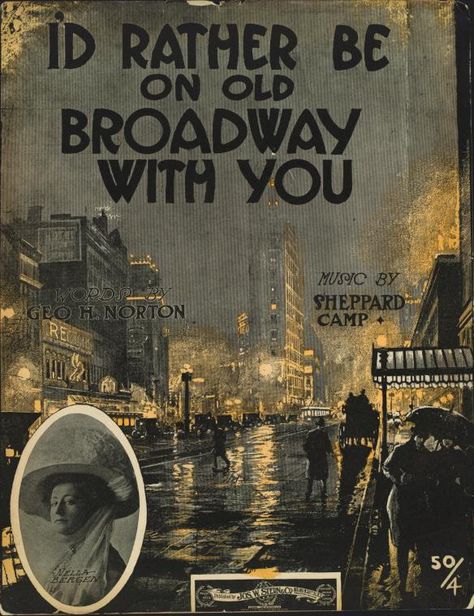 American Gilded Age era - American sheet music cover, c.1909. Image of a rainy evening on Broadway, with Flatiron Building (Fuller Building) in the background. "I'd Rather Be On Old Broadway With You". ~ {cwl} ~ (Image: NYPL) Rainy Evening, Sound Sculpture, Coachella Music Festival, Old Sheet Music, Music Drawings, Music Room Decor, Old School Music, Flatiron Building, Music Festival Fashion