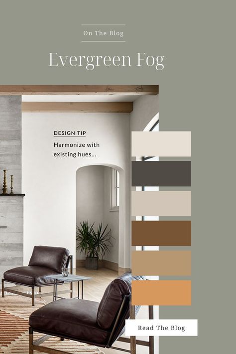 On the blog: easy tips and ideas for how to decorate with Evergreen Fog, the color of the year. Coastal Home Design, Basement Tv Rooms, Accent Paint Colors, Evergreen Fog, 2022 Color Of The Year, Guest Bedroom/office, Cabin Interior Design, Building A Cabin, Paint Color Inspiration