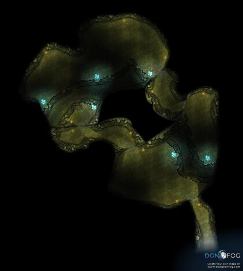 Download this map for free or create your on on dungeonfog.com. ⚔️ - #dungeon #rpg #ttrpg #battlemap #map #dnd #dnd5e #roleplay - A dark underground cave system with a waterway, two bridges. The system has two major rooms, with three pathways, leading from a bright outside. "You find yourselves at the gaping maw of a dark, foreboding cave system, its jagged stone teeth stretching into the abyss. The air turns dank and musty as you venture deeper, your torchlight flickering ominously... Cave System Map Dnd, Cave Tunnel Battlemap, Crystal Cave Battlemap, Dungeon Maps Cave, Cultist Hideout Map, Jagged Stone, Dungeon Rpg, Cave System, Underground Caves