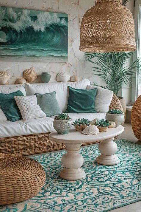 Transform your living space with beachy coastal vibes. Discover sea-inspired decor ideas to infuse your home with a serene and coastal ambiance. Costal Designs Interior, Green Coastal Living Room, Boho Beach Living Room, Beachy Living Room Ideas, Coastal Apartment Decor, Coastal Living Rooms Ideas, Beachy Living Room, Santorini House, Florida Decor