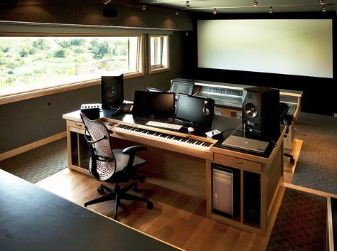 Control room of studio won't be as big, but I like the outside light. Recording Studio Desk, Music Studio Ideas, Home Recording Studios, Recording Studio Setup, Home Studio Ideas, Editing Suite, Audio Engineering, Home Studios, Music Studios