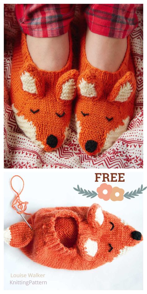 Fox Tunic, Fox Slippers, Knitted Slippers Pattern, Knitting Pin, Animal Knitting Patterns, Animal Slippers, Sock Knitting Patterns, Slippers Pattern, Knitted Slippers