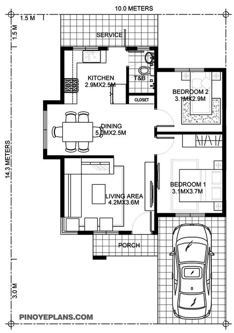 Wanda – Simple 2 Bedroom House with Fire Wall | Pinoy ePlans Cool Home Gym, Residential Plan, One Bedroom House Plans, 1 Bedroom House Plans, Fire Wall, 5 Bedroom House Plans, One Bedroom House, Three Bedroom House Plan, Unique House Plans