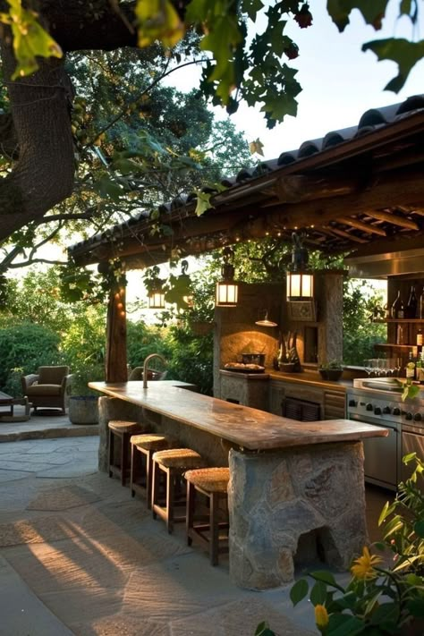 Outdoor Patio Ideas Rustic, Outdoor Kitchen And Dining, Rustic Outdoor Kitchens, Outdoor Cooking Spaces, Modern Outdoor Kitchen, Industrial Home Design, Outdoor Kitchen Ideas, Backyard Kitchen, Village House Design