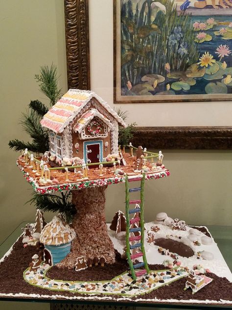 Gingerbread Treehouse 2018 Gingerbread House Hit By Tornado, Treehouse Gingerbread House Ideas, Tree House Gingerbread House Ideas, Gingerbread Houses Out Of Graham Crackers, Gender Bread House, Coolest Gingerbread Houses, Gingerbread House Winners, Camping Gingerbread House, Gingerbread Treehouse Ideas