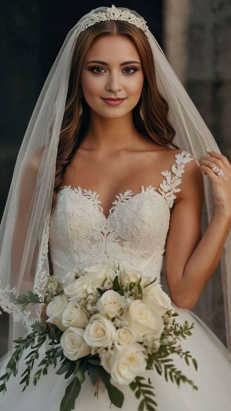 Wedding Veil On Top Of Head, Bridesmaid Hairstyles With Veil, Wedding Hairstyles With Cathedral Veil, Simple Bride Hairstyles With Veil, Tiara Wedding Veil, Tiara Veil Wedding, Bride Crown Hairstyle, Bridal Tiara Hairstyles, Wedding Hairstyles With Crown And Veil