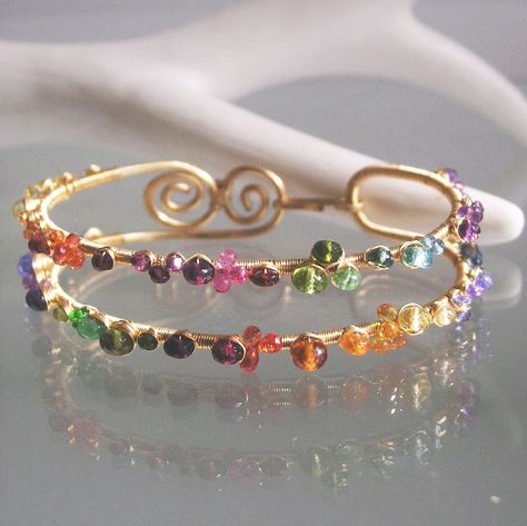 Colorful Wire Wrapped Gemstone Jewelry Designs by bellajewelsII - The Beading Gem's Journal Wire Wrapped Gemstone Jewelry, Free Jewellery Making Tutorials, Gemstone Jewellery Design, Bracelet Rainbow, Gemstone Bangle, Wire Jewelry Designs, Gems Bracelet, Wire Work Jewelry, Handmade Wire Jewelry