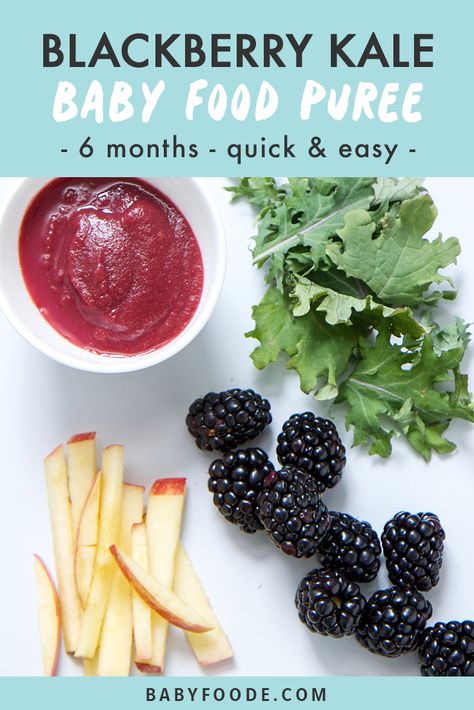 This blackberry, kale, and apple puree is one of my favorite fast and easy homemade baby food recipes! Mighty apples are steamed with dark and enticing blackberries and nutrient rich baby kale. It's like a vitamin party for baby, along with loads of healthy antioxidants. The perfect nutrient dense baby food puree, and it tastes amazing!! Baby will love it, and you will too. #babyfood #babypuree #combinationpuree Apple Baby Food, Homemade Baby Food Recipes, Easy Homemade Baby Food, Baby Food Puree, Apple Puree, Zucchini Feta, Diy Baby Food, Easy Baby Food Recipes, Baby Kale