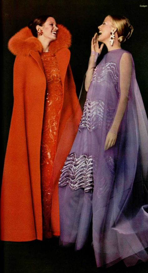 1971 Christian Dior 70s evening wear gown dress silver purple red long coat formal vintage fashion style color photo print ad designer couture models 1970s Red Carpet, Dior 70s Fashion, 1970s Evening Wear, Art Deco Inspired Outfit, 70s Couture Fashion, 70s Evening Dress, 1970s Evening Gowns, 70s Formal Wear, 70s Formal Fashion