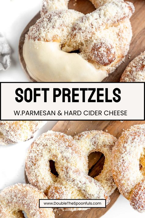 These parmesan soft pretzels with hard cider cheese are the definition of fall football food, and I promise you that you won't be able to have just one. The acidity from the cider and the sharp cheeses creates the best contrast to the pretzels. For more great game day food be sure to follow along. Fall Football Food, Best Soft Pretzel Recipe, Seasoned Pretzels, Pretzel Recipe, Soft Pretzel Recipe, Pretzel Shape, Pretzel Cheese, Baking Soda Water, Homemade Pretzels