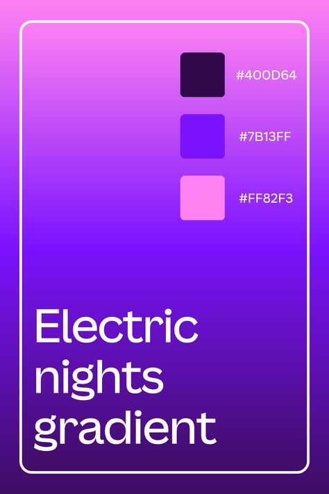 Transform a shape or add dimension and depth to your Canva designs with gradients. Choose from premade gradients, or use this gradient color palette to get started! You can find gradients by clicking on ‘background color’ in your design and scrolling to the bottom. Purple Gradient Color Palette, Neon Branding Design, Gradient Poster Design, Gradient Color Palette, Gradient Palette, Landing Ideas, Gradient Color Design, Color Design Inspiration, Purple Color Palettes