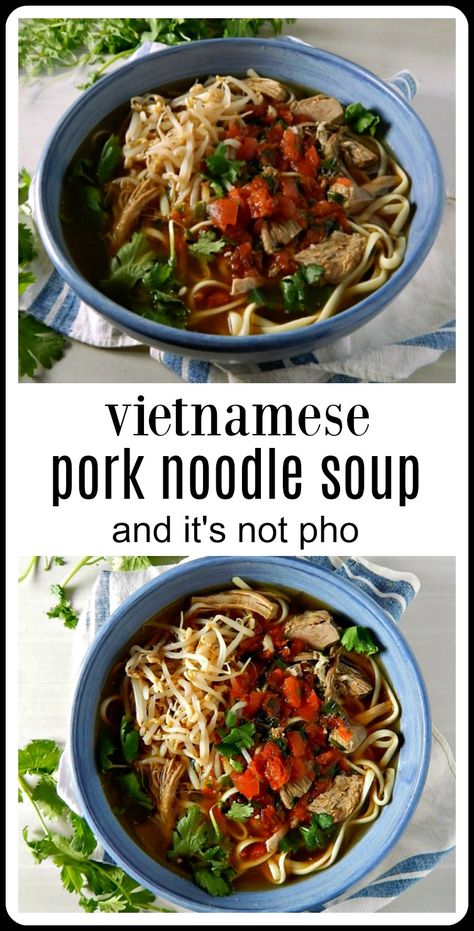 A fast an easy Vietnamese Pork Noodle Soup (not pho!) based on pulled pork with a rich broth, noodles, ginger, garlic and lime! #VittnamesePorkNoodleSoup #VietnameseNoodleSoup #VietnameseSoup #AsianSoup Pork Based Soup, Pork Pho Recipe, Low Mein, Broth Noodles, Pho Soup Recipe, Pork Noodle Soup, Pork Soup Recipes, Pressure Cooker Rice, Vietnamese Soup