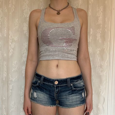 Cyber Y2K 2000s Low Rise Denim Mini Shorts With White Stitching & Embroidered Pockets #2k #2000s #rhinestone #y2kfashion #2000sfashion #depop #denim #gems 2000 Shorts Outfit, Low Rise Skirt Y2k, Low Rise Fashion, Short Denim Shorts Outfit Summer, Low Rise Mini Skirt Outfit 2000s, Low Rise Jorts Outfit, Y2k Low Rise Shorts, Mini Shorts Outfit Aesthetic, Mini Jean Shorts Outfit