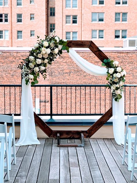 White and Green Wedding Arch Wedding Arch Inspiration, Wedding Octagon Arch, White And Green Wedding Arch, Octagon Wedding Arch, Green Wedding Arch, Beach Wedding Ceremony Arch, Wedding Ceremony Decorations Indoor, White Wedding Arch, White And Green Wedding