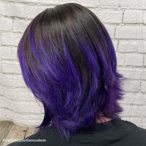 Purple Hair Color For Short Hair, Short Black Hair With Purple Streaks, Purple Highlights On Short Hair, Purple Tips Short Hair, Black Purple Hair Short, Hair Colours Short Hair, Black Purple Short Hair, Black Hair With Purple Highlights Short, Black To Purple Ombre Hair Short