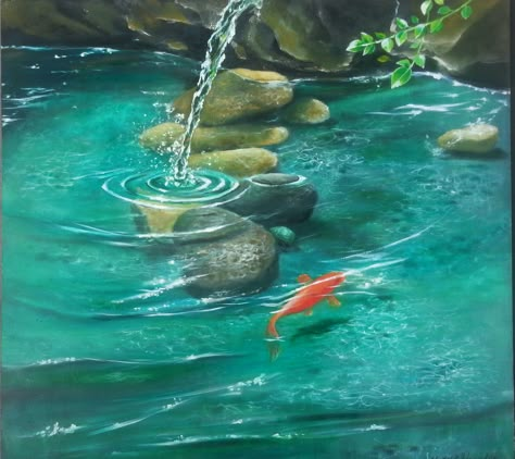 Sunset Pond Painting, Forest Pond Painting, Painting Pond Water, How To Paint Pond Water, Water Pond Drawing, Duck Pond Painting, How To Paint A Pond, Pond Painting Acrylic, Koi Pond Painting